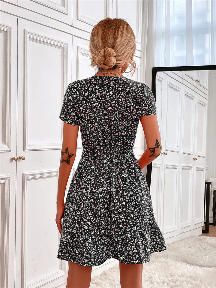 Printed Ruffled Hem V-Neck Short Sleeve Mini Dress