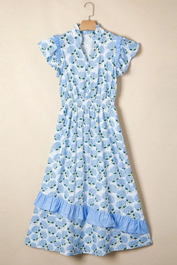 Hydrangea Floral Print Ruffle Trim Flutter Sleeve Dress