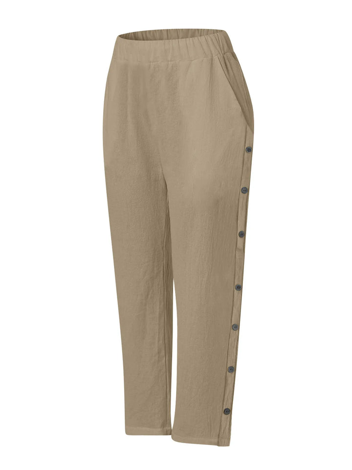 Full Size Side Decor Button Casual Wide Leg Pants Plus Size