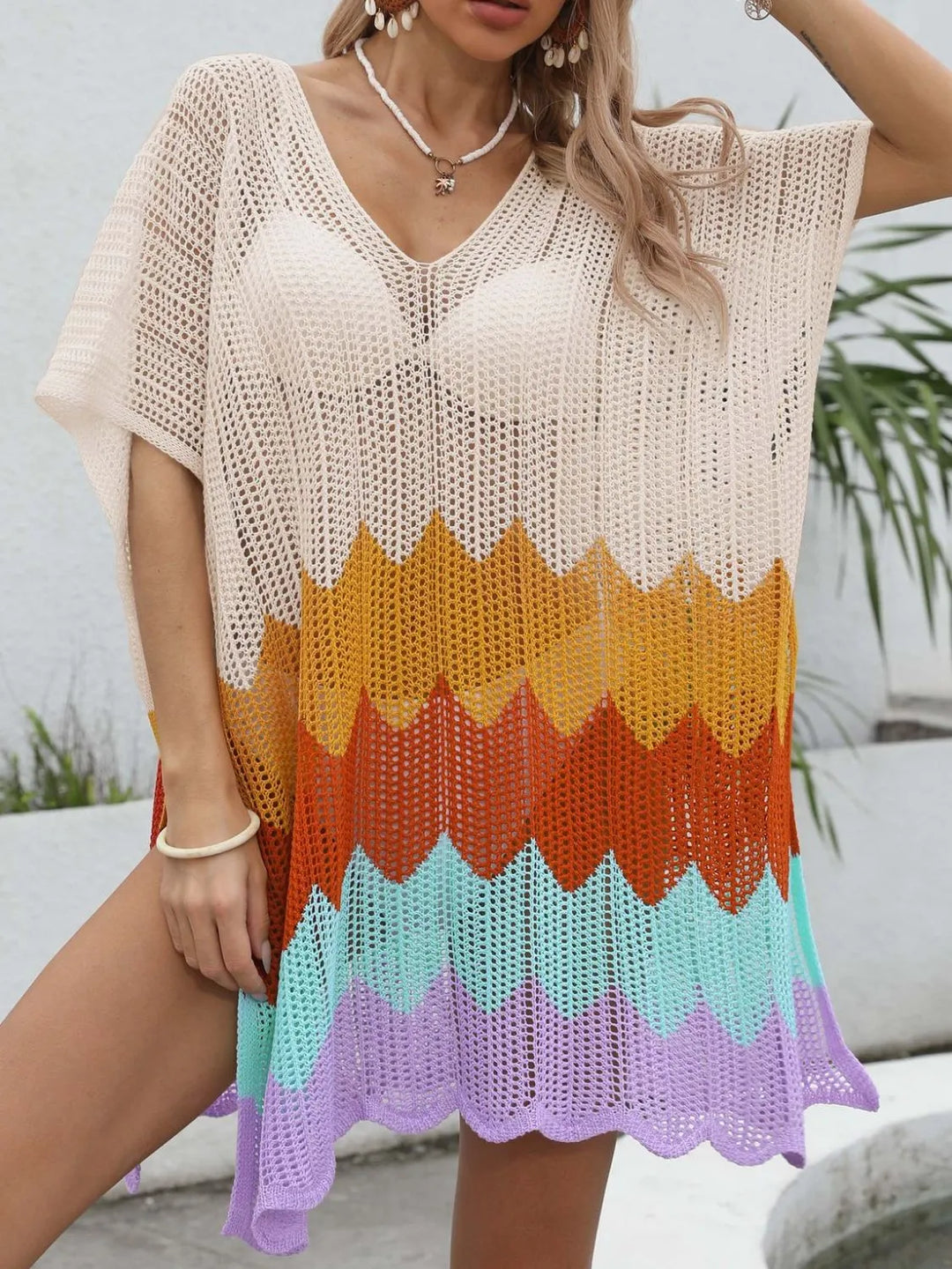Openwork V-Neck Half Sleeve Cover-Up