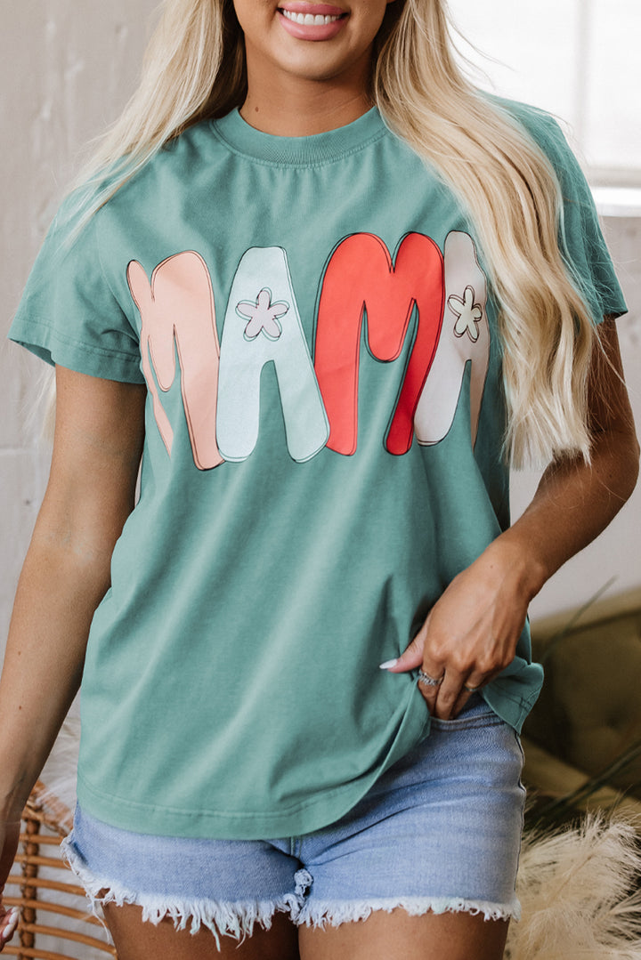 T-shirt ras du cou imprimé vert mer MAMA délavé minéral