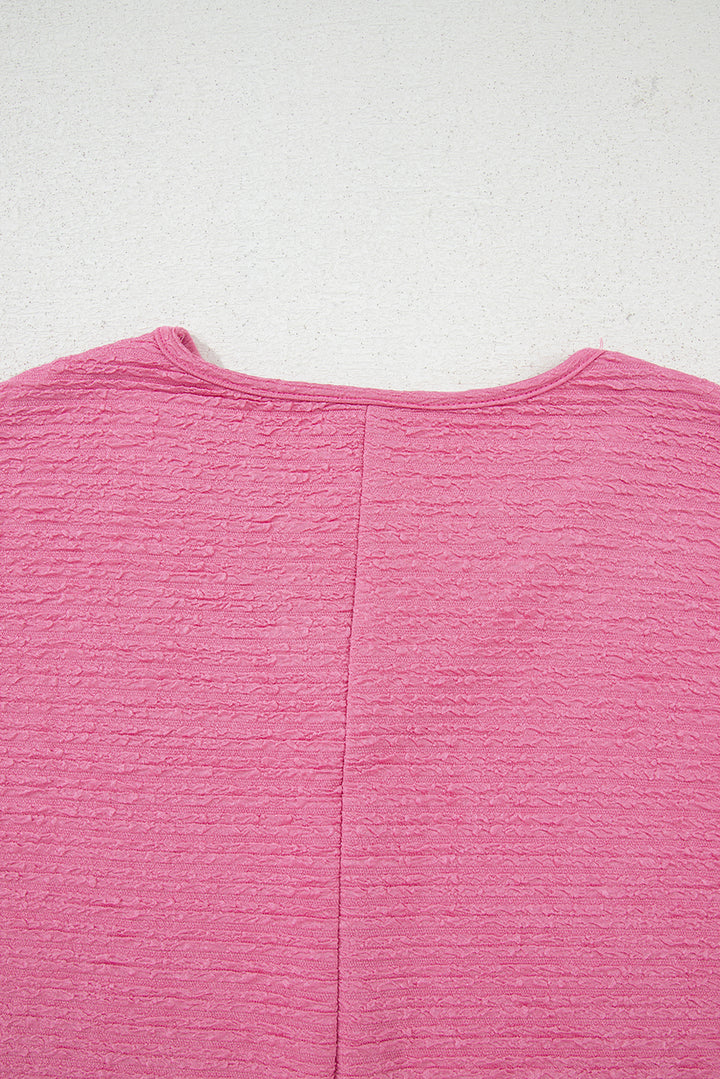Pink Textured V Neck T Shirt and Shorts Set