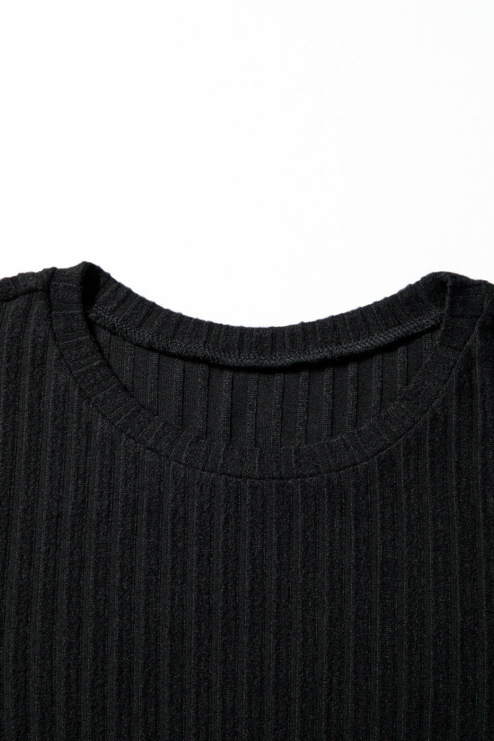 Black Ribbed Texture Round Neck Long Sleeve Rounded Hem Knit Top