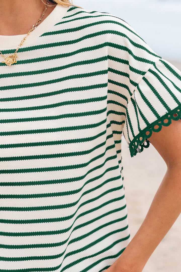 Green Stripe Scallop Lace Trim Ruffle Short Sleeves Crewneck Top