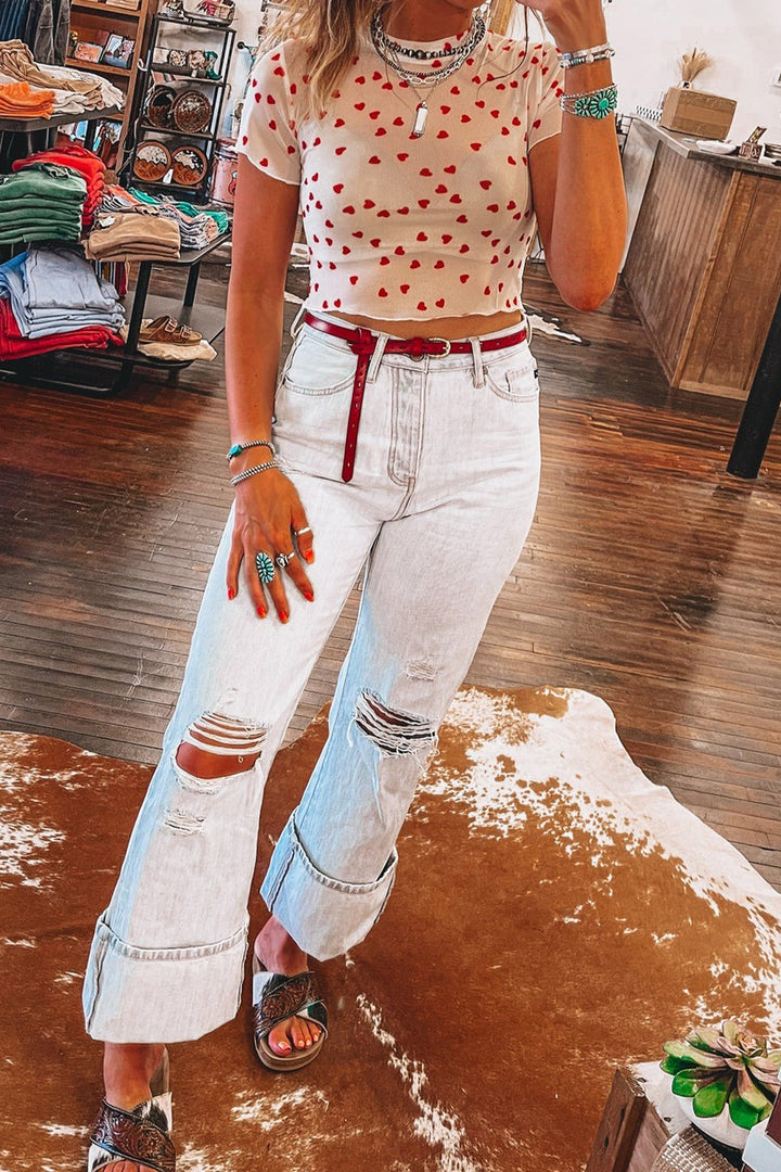 Red Allover Heart Print Mesh Short Sleeve Top