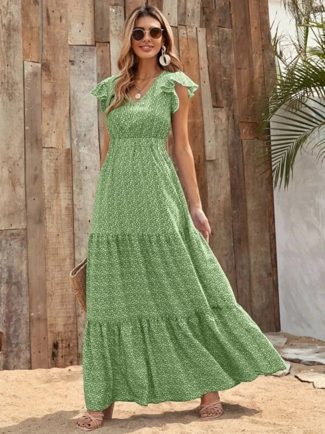 Printed V-Neck Ruffled Cap Sleeve Maxi Dress