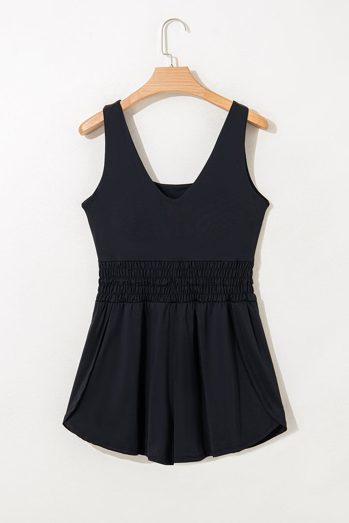 Black Plain Sleeveless Loop Drawstring Cinched Waist Romper