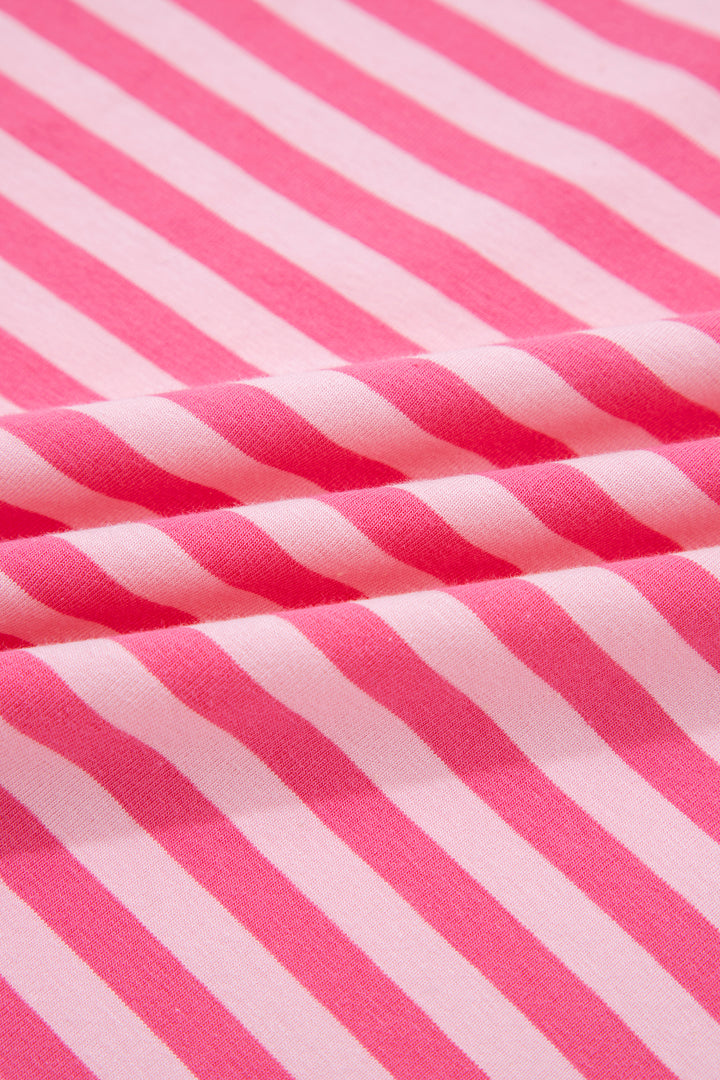 Rose Stripe Drop Shoulder Round Neck Top and Buttoned Straight Pants Two Piece Set