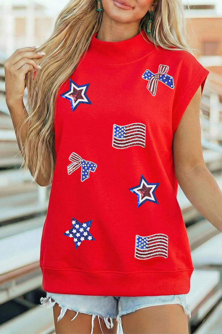 Racing Red Patriotic Sequin Graphic High Neck Short Sleeve Top