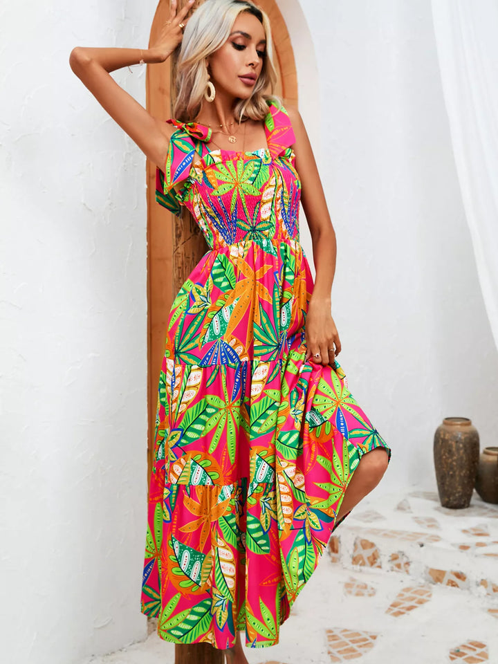 Tropical Print Smocked Tie-Strap Dress