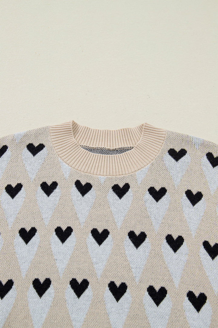 Parchment Geometric Heart Print Ribbed Trim Loose Sweater