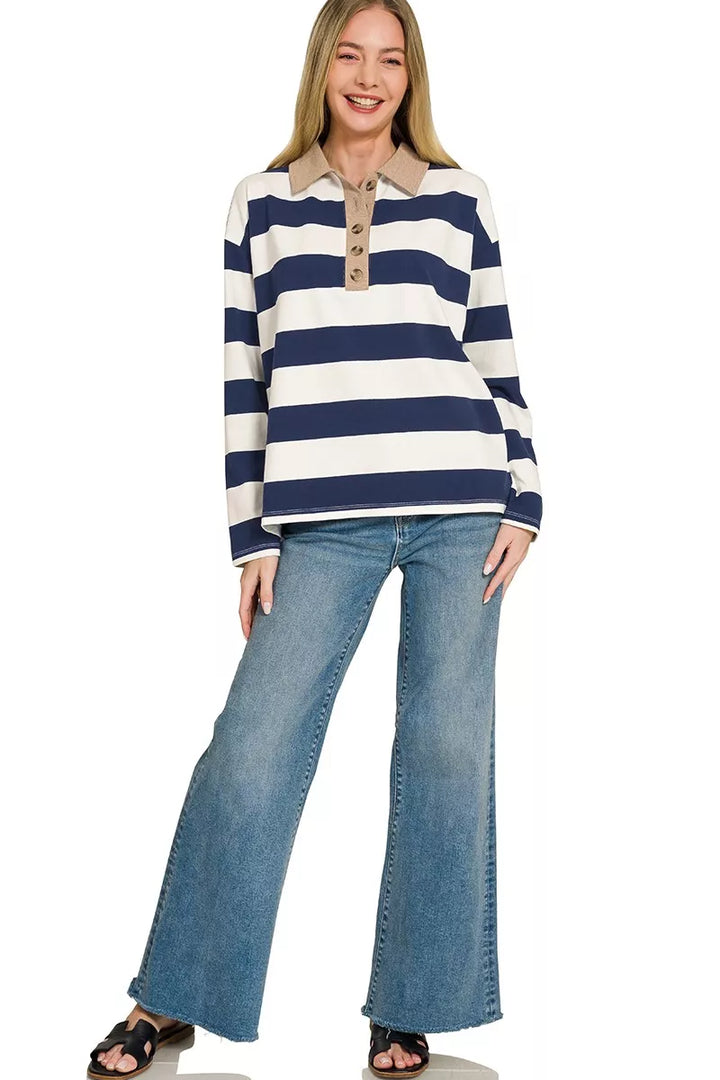 Zenana Striped Contrast Collar Polo Tee