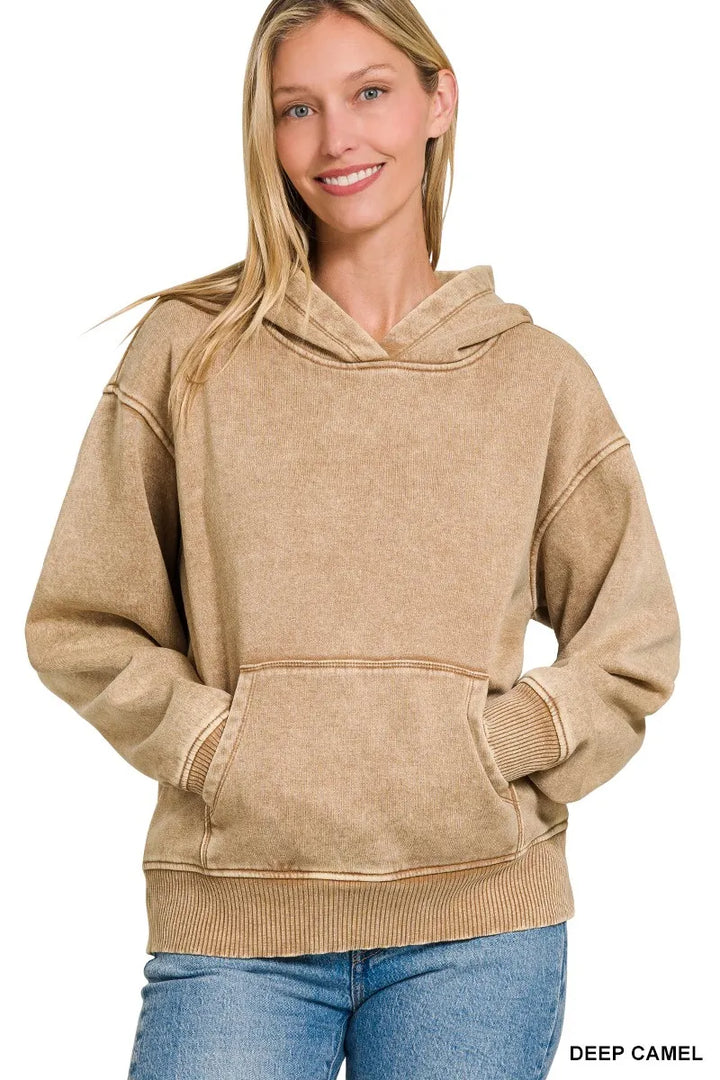 Zenana Fleece Acid Wash Kangaroo Pocket Hoodie