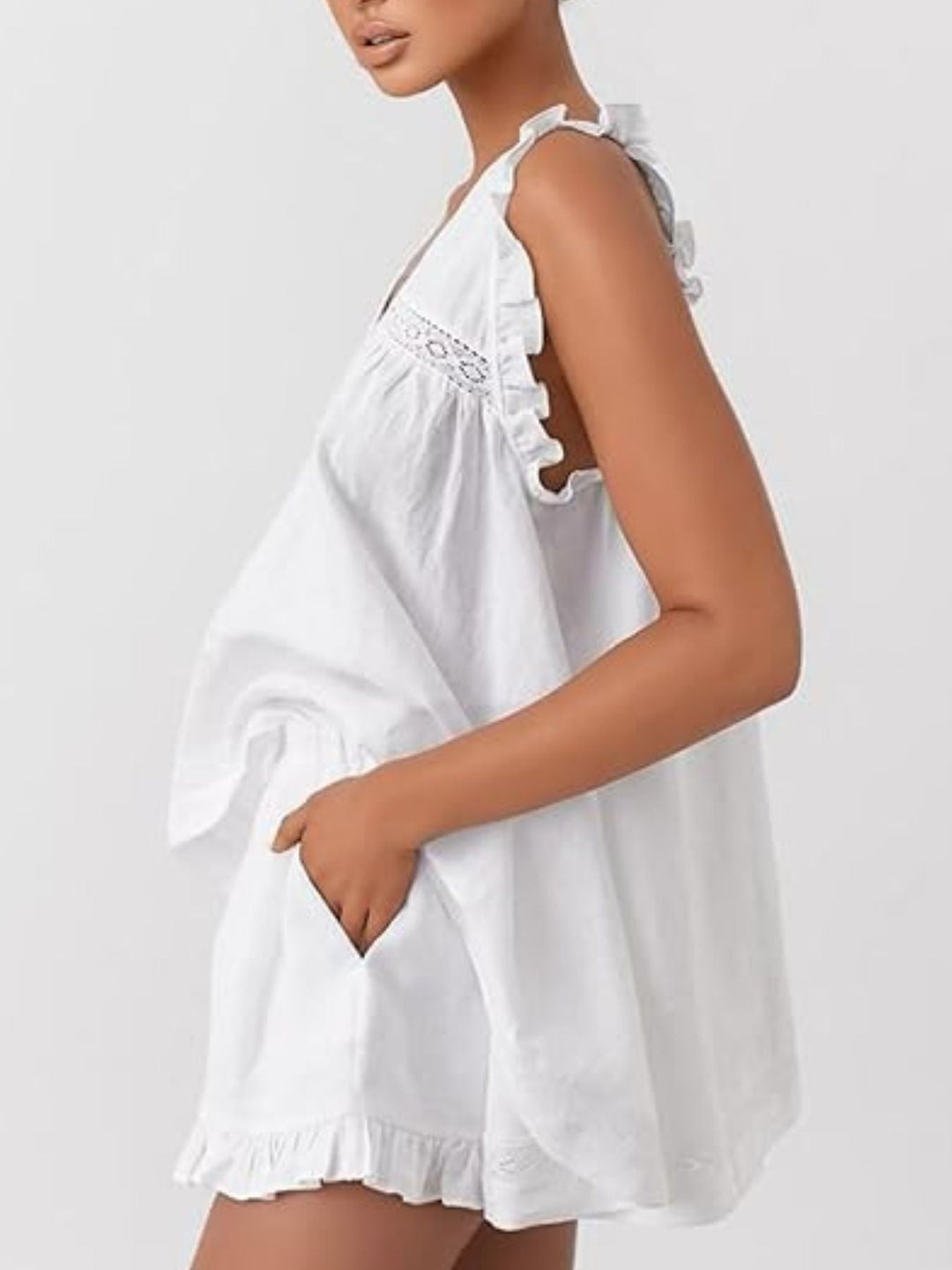 Ruffle Trim V-Neck Top and Shorts Set