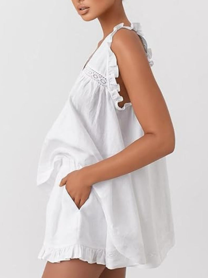 Ruffle Trim V-Neck Top and Shorts Set