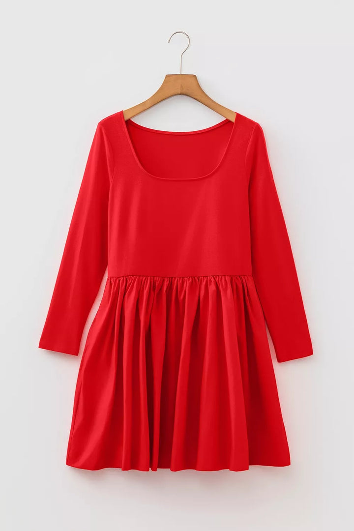 U Neck Long Sleeve Fit and Flare Mini Dress
