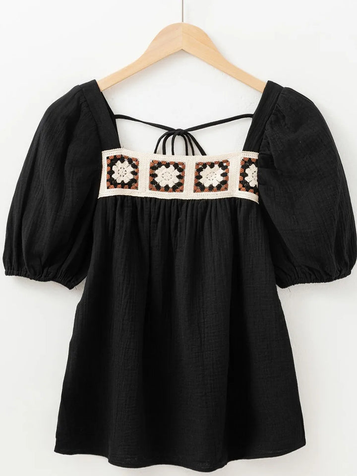 Flower Crochet Square Neck Puff Sleeve Blouse