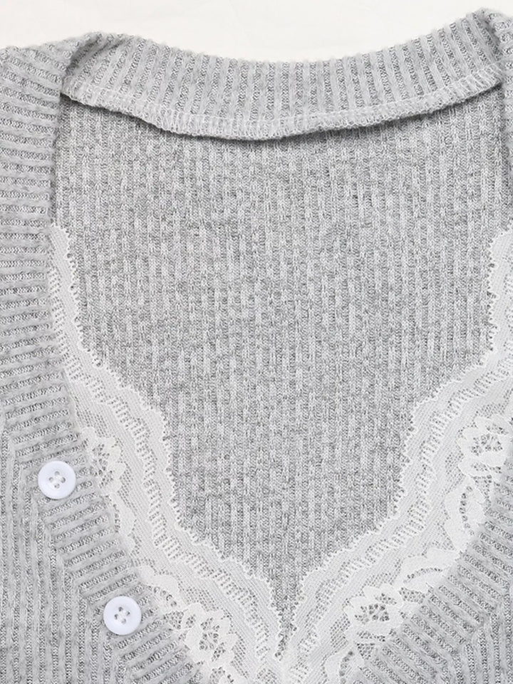 Ribbed Lace Trim Henley T-Shirt