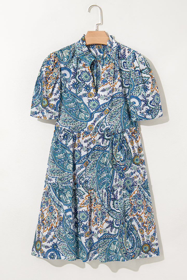 Blue Bohemian Paisley Floral V Neck Short Sleeve Mini Dress