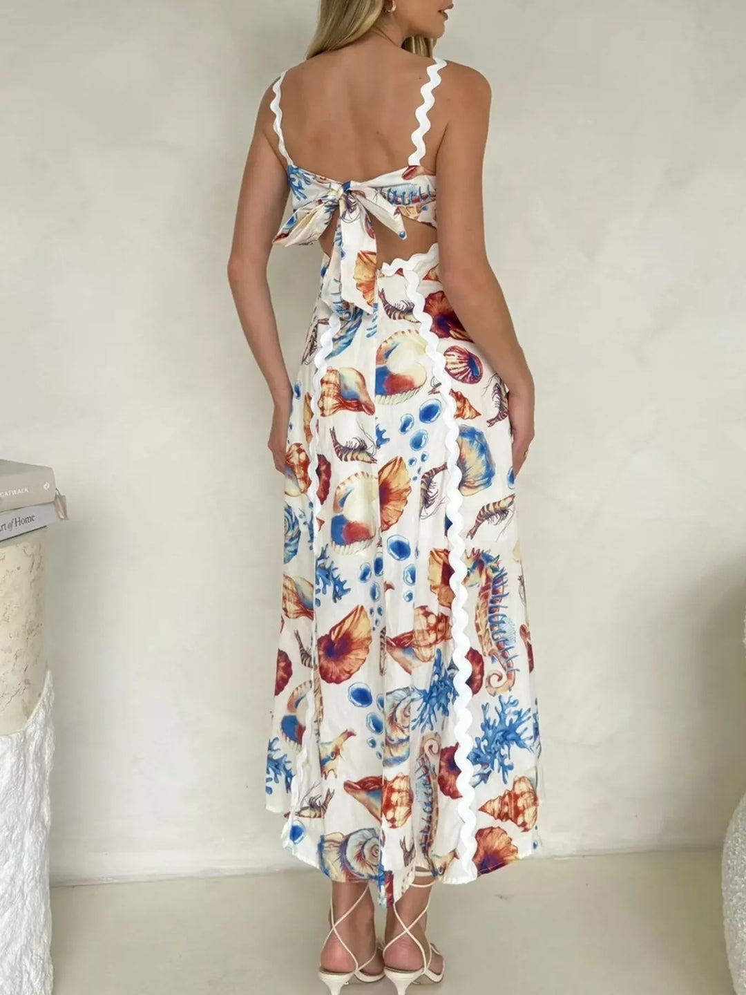 Seashell Print Scalloped Midi Dress