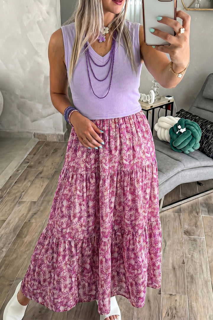 Purple Ribbed V Neck Tank Floral Contrast Patchwork Long Dress