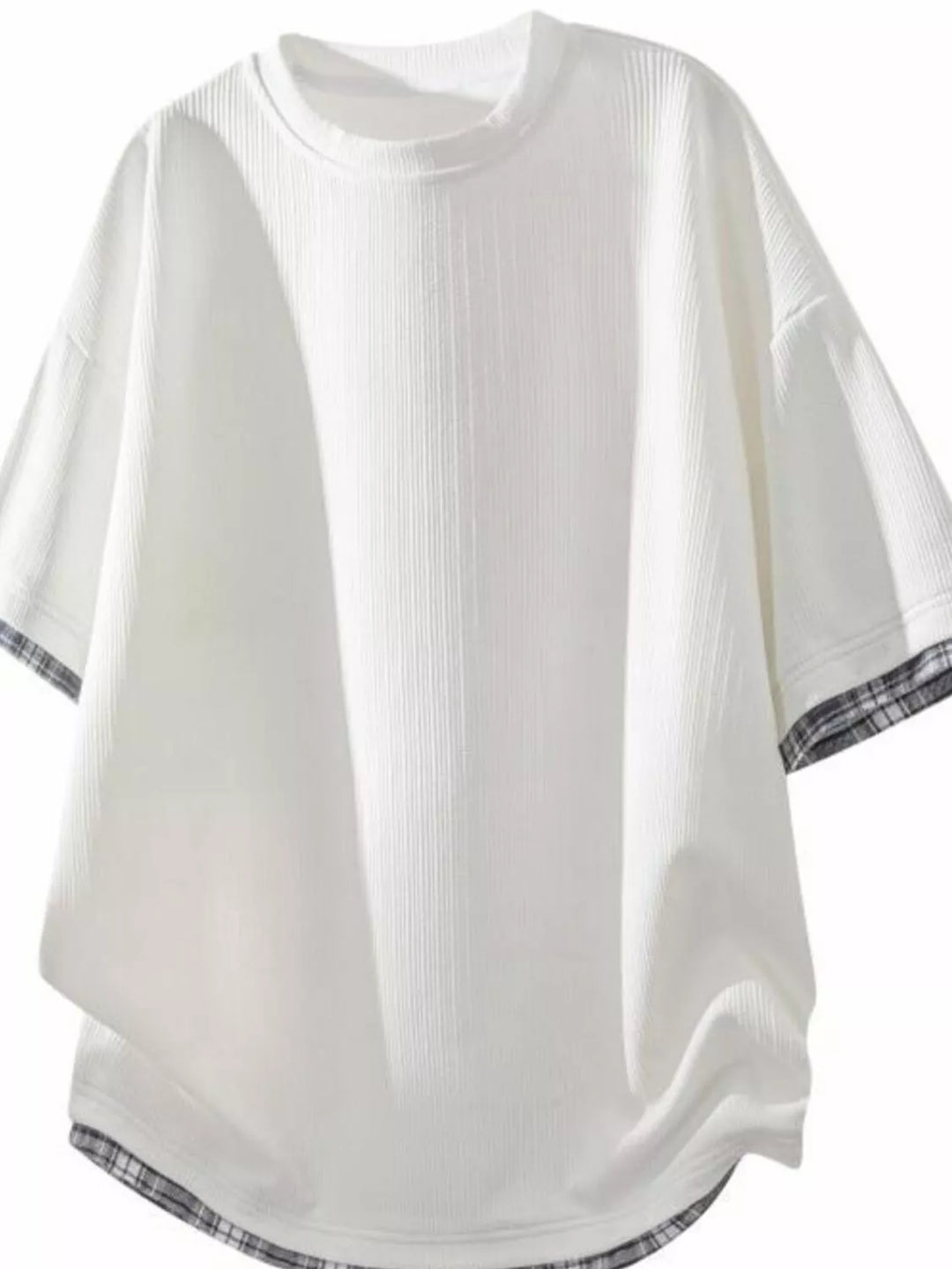 Men's Plus Size Short Sleeve Round Neck Plaid Trim T-Shirt