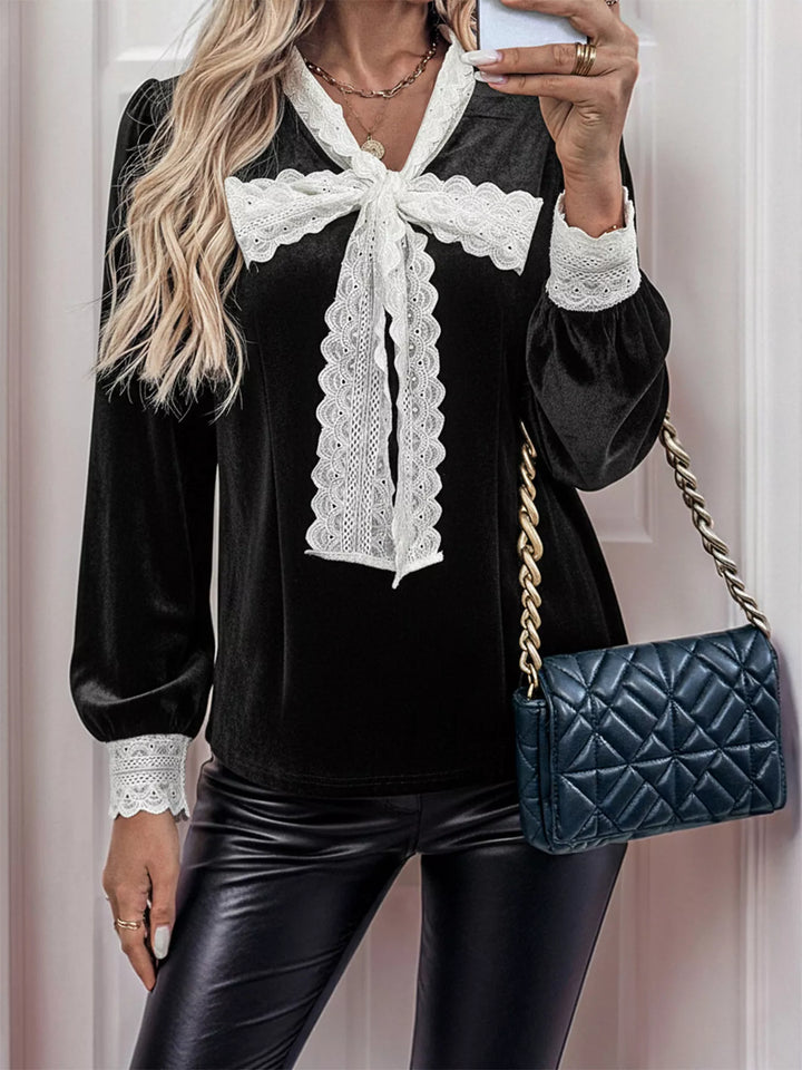 Lace Bow Tie Velvet Blouse