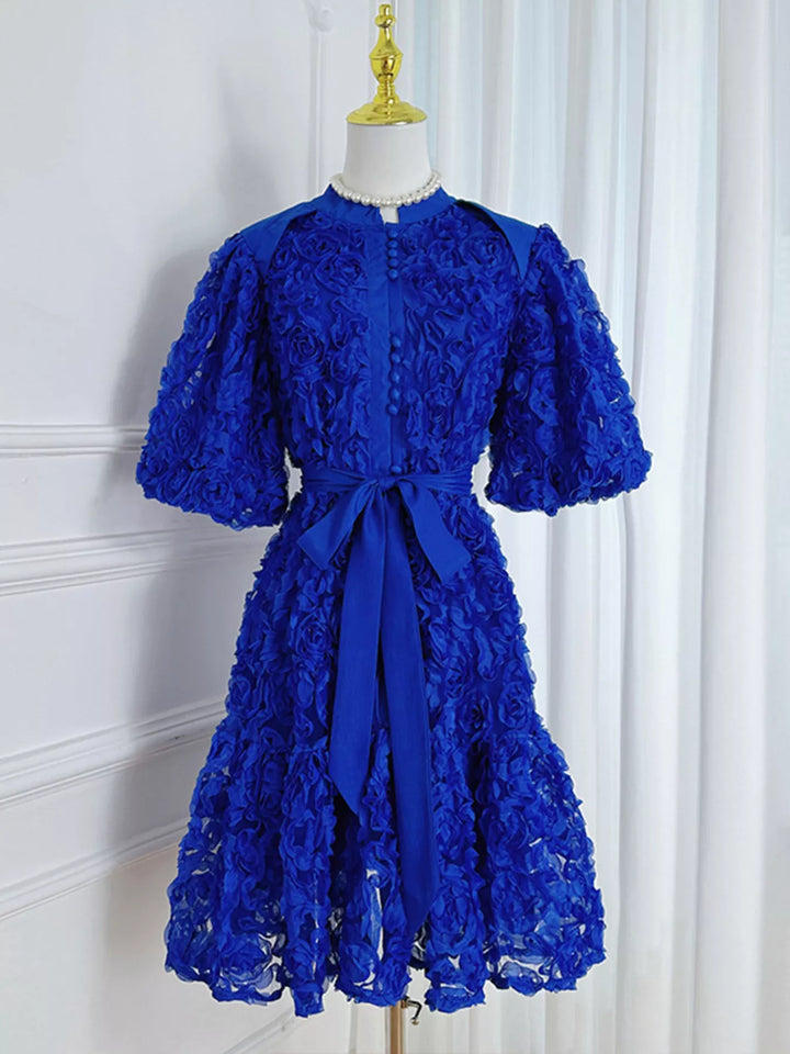 Flower Embellished Puff Sleeve Dress