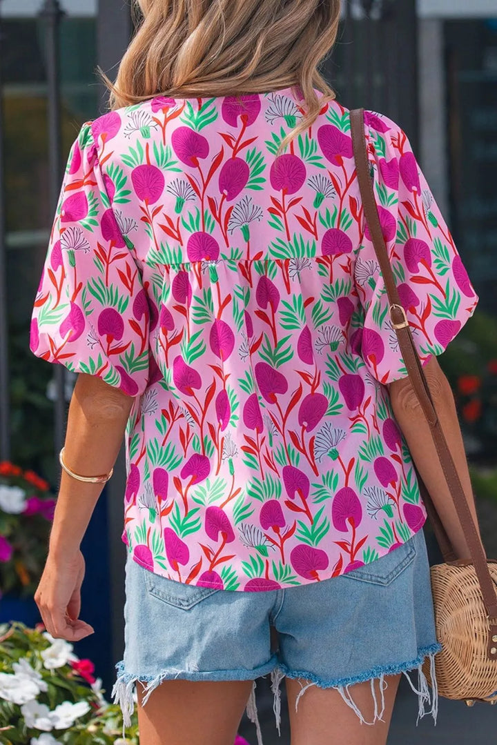 Floral Print Short Sleeve Contrast Patchwork Tassel Tie Blouse