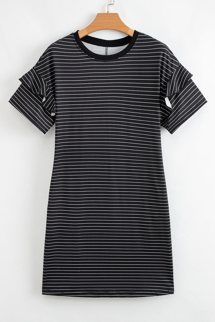 Black Stripe Ruffled Short Sleeve Crew Neck T Shirt Shift Mini Dress
