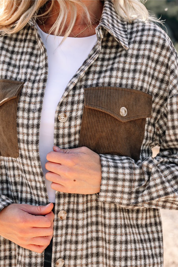 Casual Contrast Corduroy Flap Pocket Patchwork Plaid Shacket