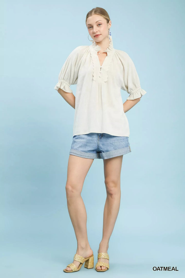 Umgee Linen Scalloped Ruffle Neck Blouse