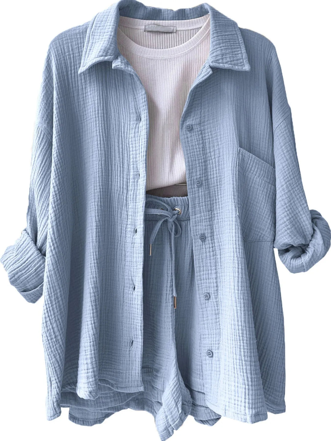 Textured Button Up Shirt and Shorts Set