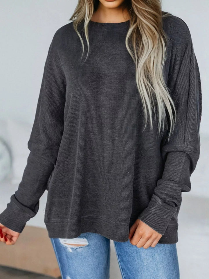 Waffle Knit Patchwork Long Sleeve Loose Sweatshirt