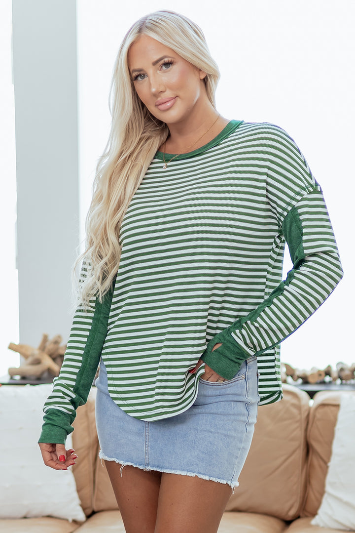 Green Stripe Thermal Knit Drop Shoulder Casual Top