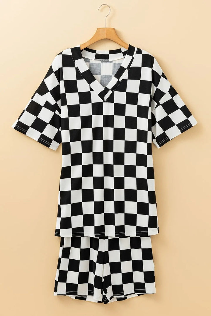 Checkerboard V Neck Loose Tee and Shorts Set