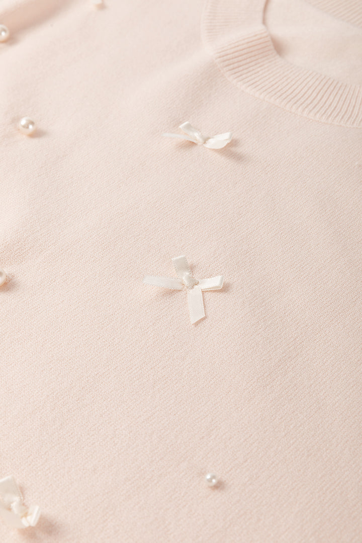 Oatmeal Pearl Bow Embellished Dolman Short Sleeve Sweater