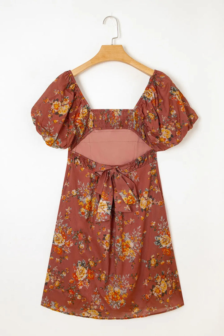 Floral Puff Sleeve Square Neck Knot Open Back Mini Dress