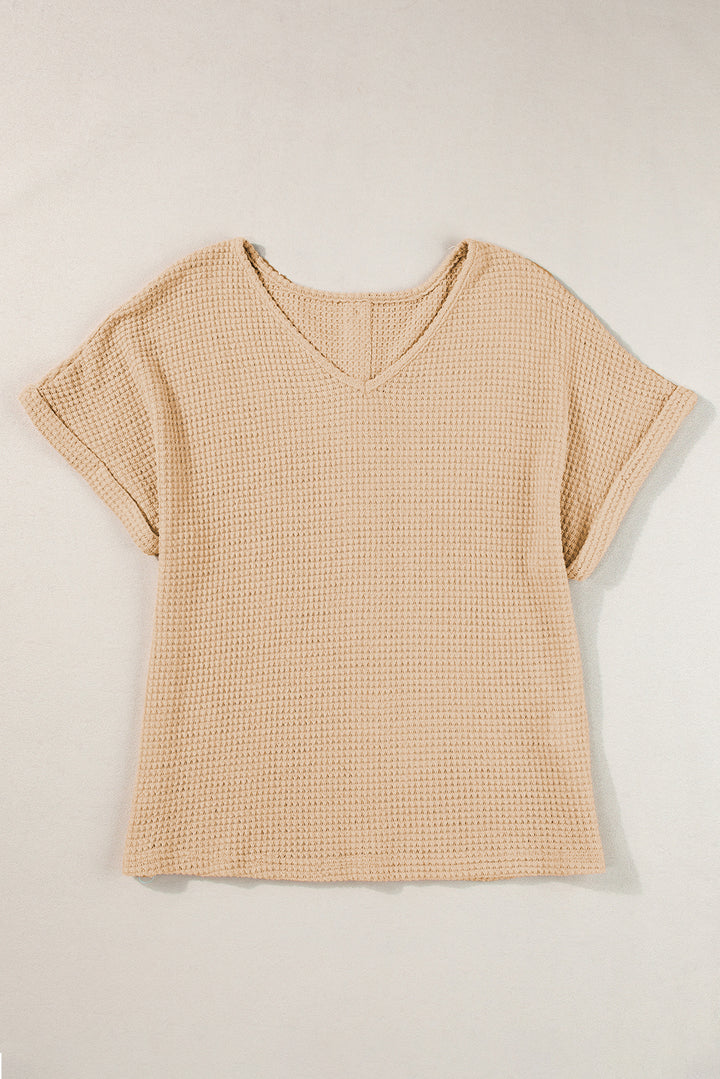 Oatmeal Textured Knit Button Back Cuffed Sleeve Tee