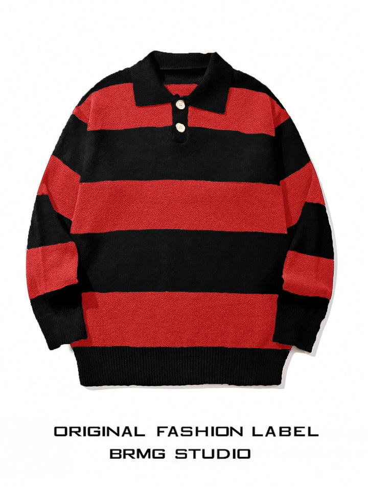 Mens Striped Knit Sweater With A Contrasting Color Collar