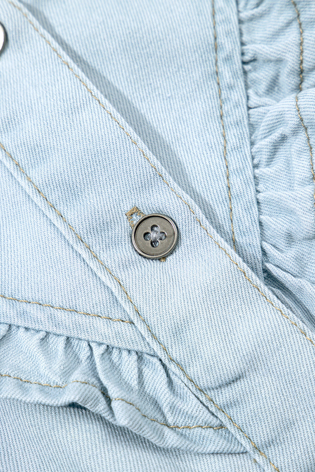 Beau Blue Mineral Wash Cap Sleeve Frilled Button Up Denim Shirt