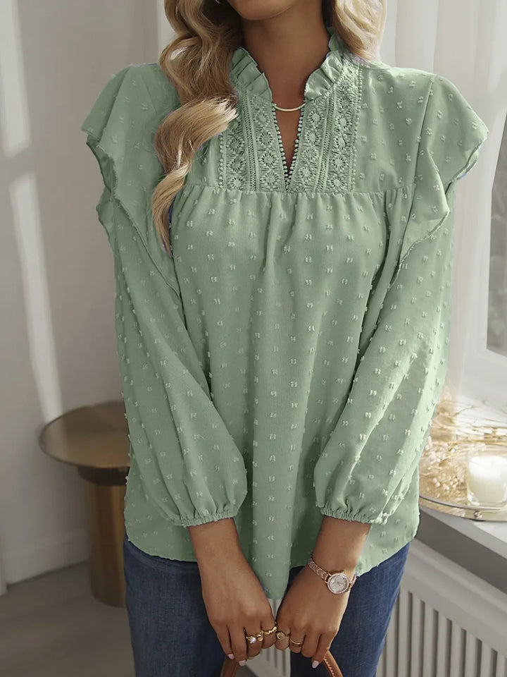 Swiss Dot Ruffled Long Sleeve Blouse