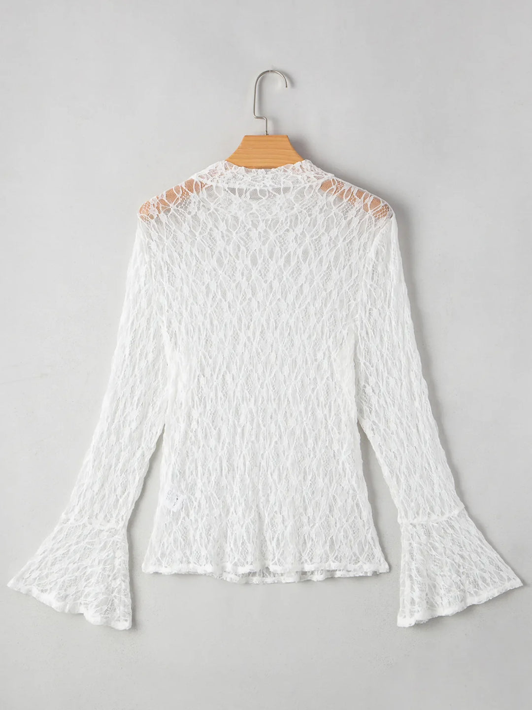 Sheer Lace Bell Sleeve Mock Neck Blouse