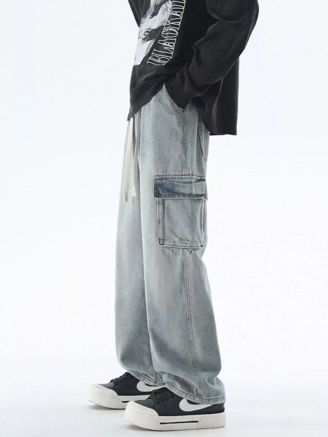Men's Drawstring Wash Wide Leg Jeans