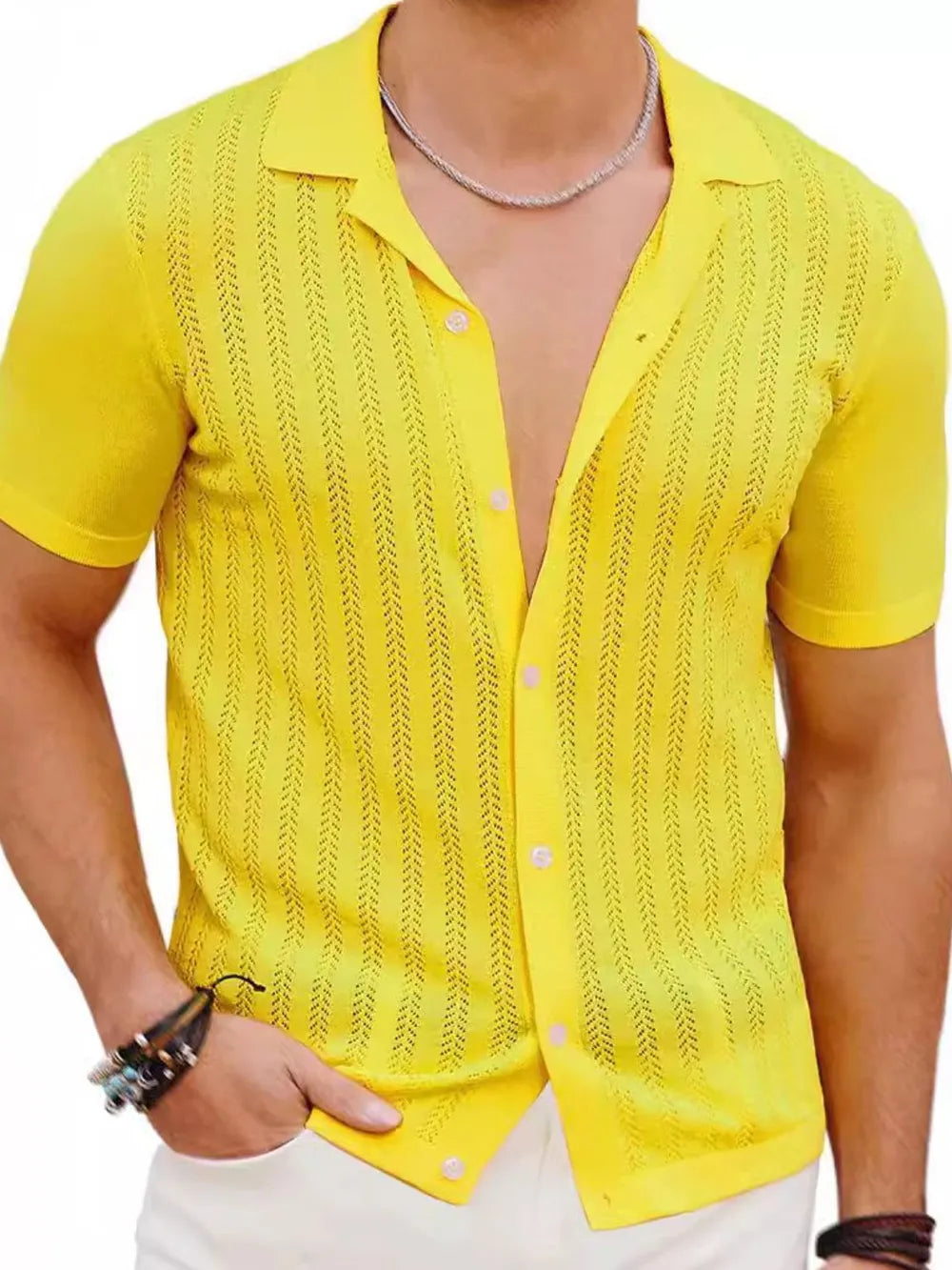 Men's Full Size Openwork Button Down Short Sleeve Shirt Plus Size