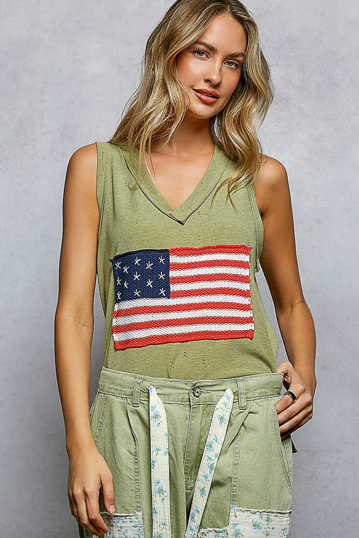 POL V-Neck Ribbed Tank with American Flag Patch and Star Back Patch