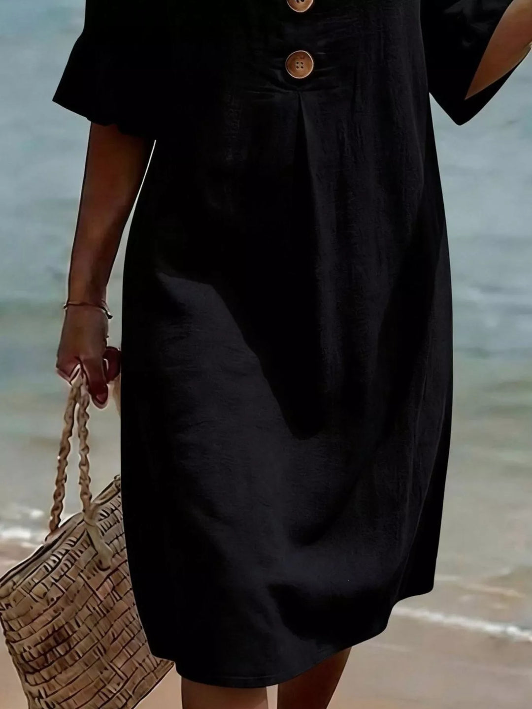 Full Size Button Decor Flounce Sleeve Dress Plus Size