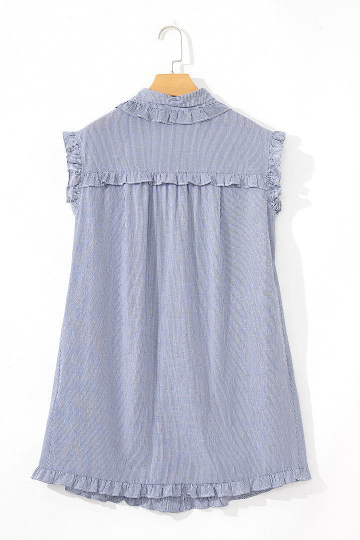 Robe courte boutonnée à rayures bleues, col sans manches, poche avant, col à volants