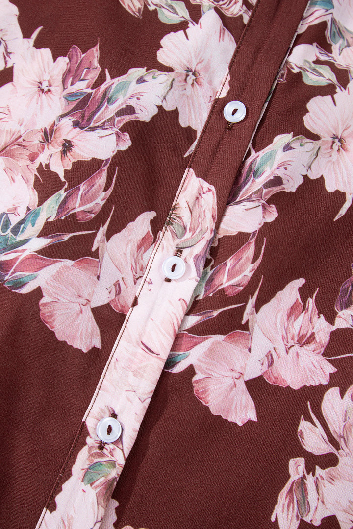 Brown Floral Puff Sleeve Lightweight Shirt