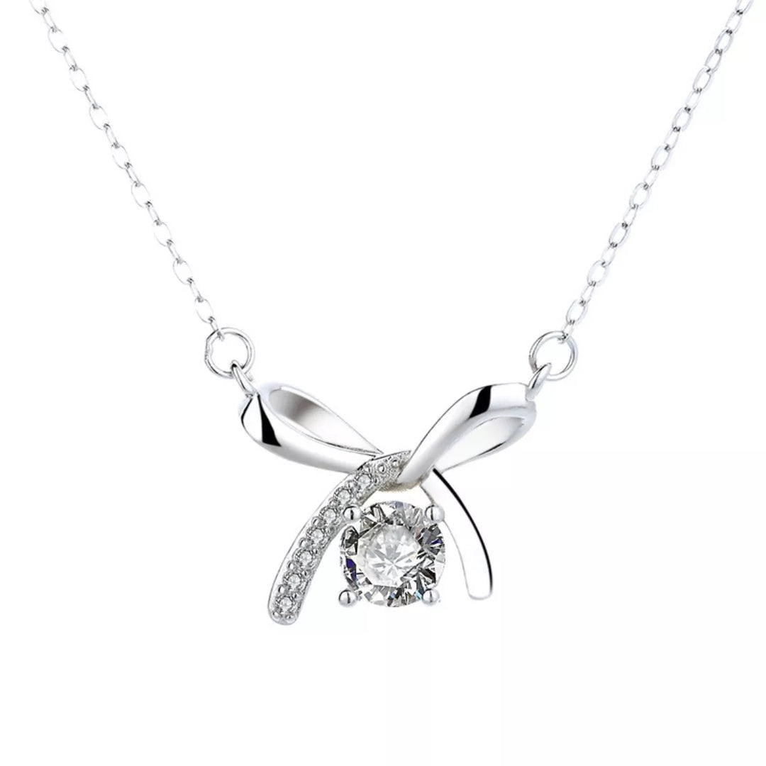 925 Sterling Silver Zircon Ribbon Pendant Necklace